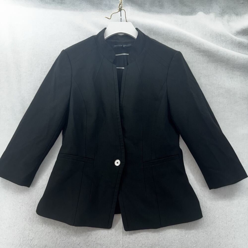 EUC White House Black Market WHBM Cropped One Button Blazer Black Mandarin Sz 6